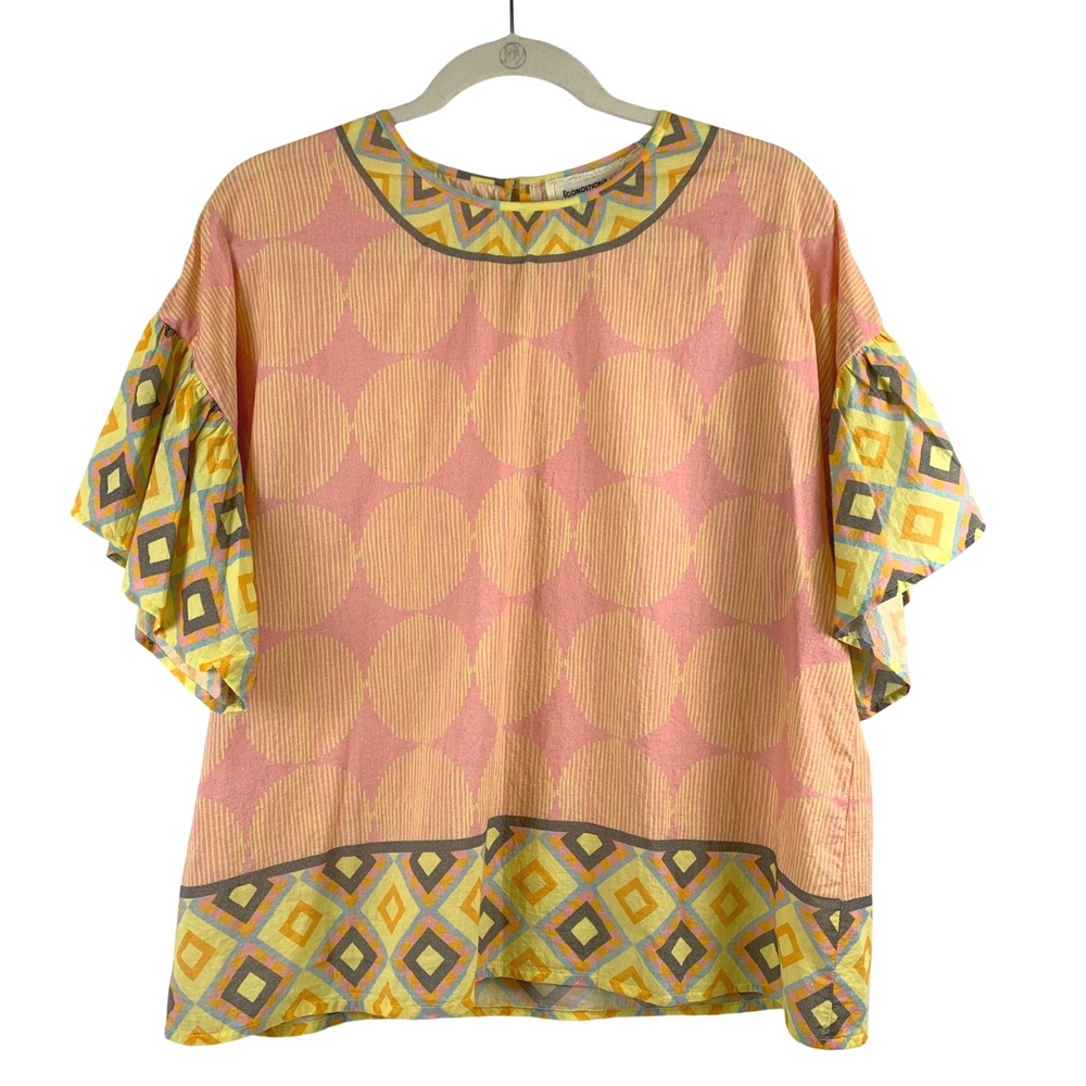 Conditions Apply Organic Cotton Top‎ Geometric Print Ruffle Sleeve Womens
